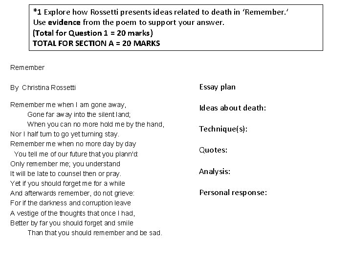 *1 Explore how Rossetti presents ideas related to death in ‘Remember. ’ Use evidence