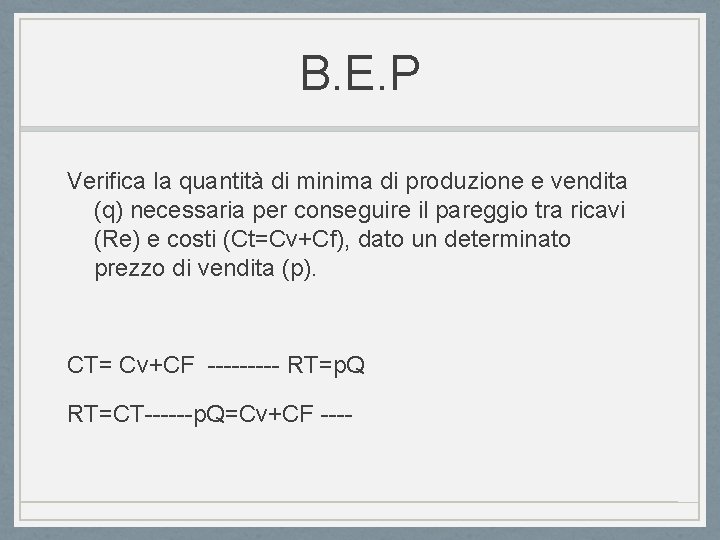 B. E. P Verifica la quantità di minima di produzione e vendita (q) necessaria