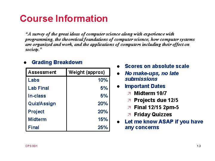 Course Information “A survey of the great ideas of computer science along with experience