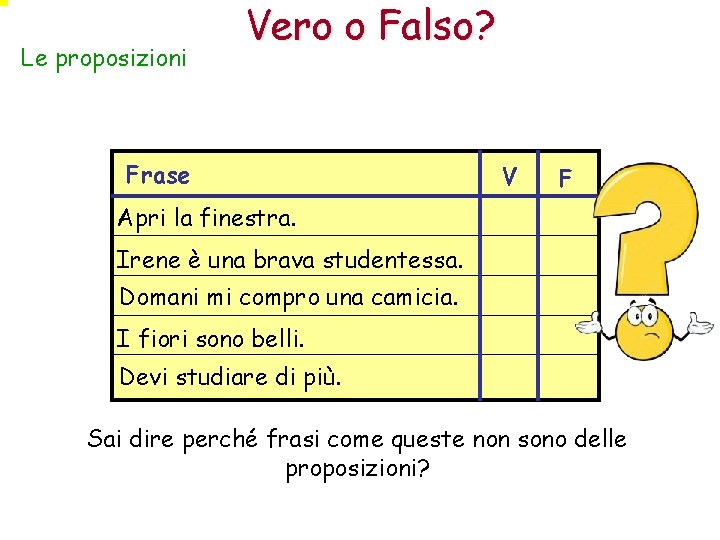 Le proposizioni Vero o Falso? Frase V F Apri la finestra. Irene è una