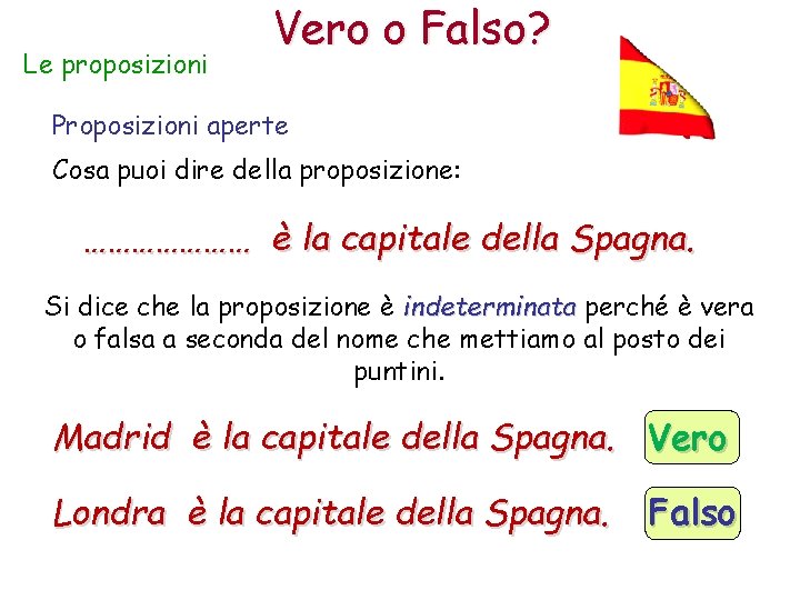 Le proposizioni Vero o Falso? Proposizioni aperte Cosa puoi dire della proposizione: ………………… è