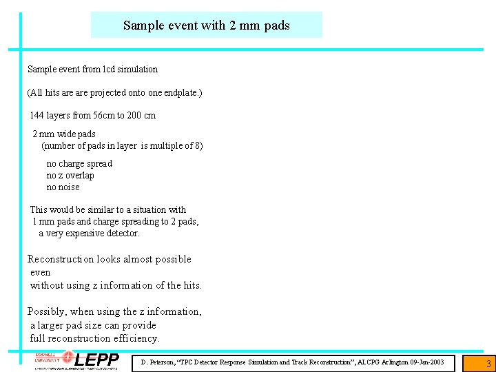 Sample event with 2 mm pads Sample event from lcd simulation (All hits are