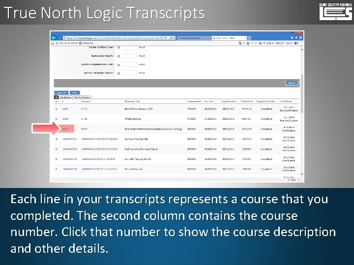 True North Logic Transcripts Each line in your transcripts represents a course that you