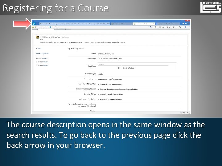Registering for a Course The course description opens in the same window as the