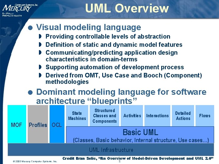 UML Overview l Visual modeling language w Providing controllable levels of abstraction w Definition