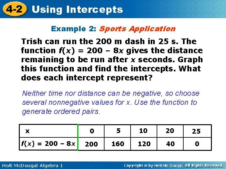 4 -2 Using Intercepts Example 2: Sports Application Trish can run the 200 m