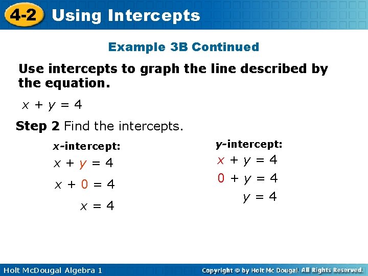 4 -2 Using Intercepts Example 3 B Continued Use intercepts to graph the line