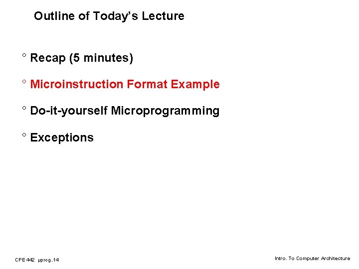 Outline of Today’s Lecture ° Recap (5 minutes) ° Microinstruction Format Example ° Do-it-yourself