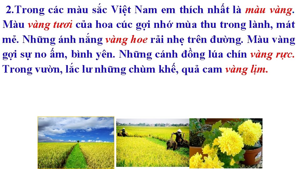 2. Trong các màu sắc Việt Nam em thích nhất là màu vàng. Màu