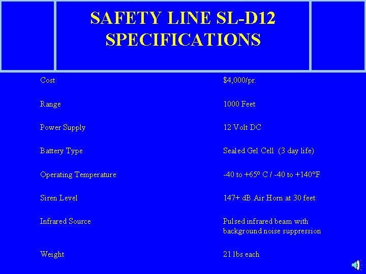 SAFETY LINE SL-D 12 SPECIFICATIONS Cost $4, 000/pr. Range 1000 Feet Power Supply 12
