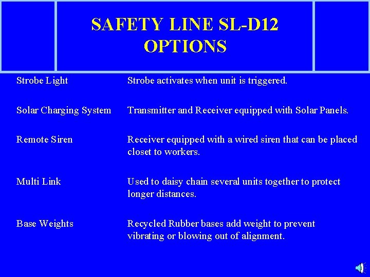 SAFETY LINE SL-D 12 OPTIONS Strobe Light Strobe activates when unit is triggered. Solar
