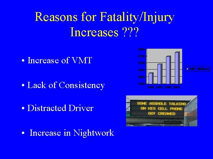 Reasons for Fatality/Injury Increases ? ? ? • Increase of VMT • Lack of