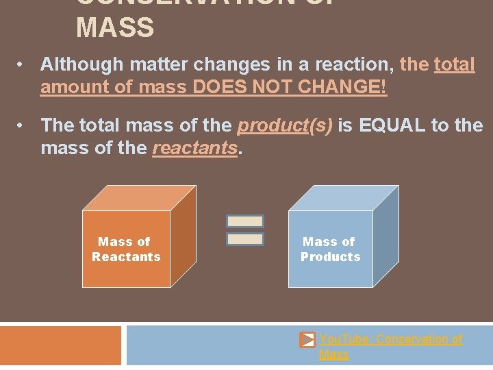 CONSERVATION OF MASS • Although matter changes in a reaction, the total amount of