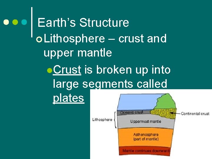Earth’s Structure ¢ Lithosphere – crust and upper mantle l. Crust is broken up