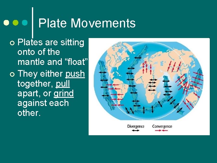 Plate Movements Plates are sitting onto of the mantle and “float”. ¢ They either