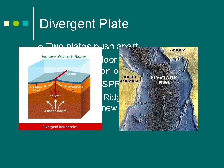 Divergent Plate Two plates push apart ¢ Creates sea floor spreading, leading to the
