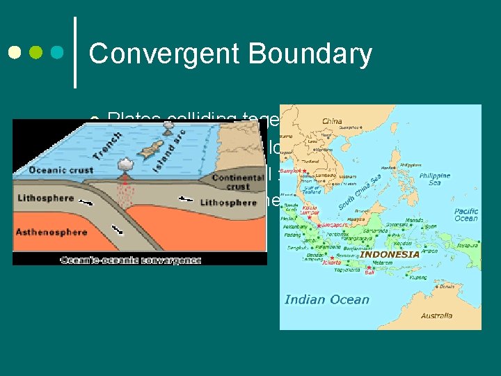 Convergent Boundary ¢ ¢ Plates colliding together Ocean-Ocean : Volcanoes Ocean – Continental :