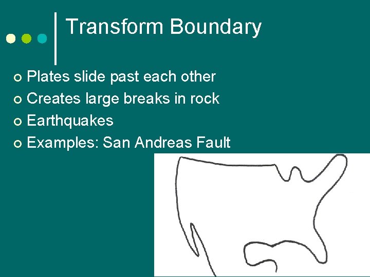 Transform Boundary Plates slide past each other ¢ Creates large breaks in rock ¢