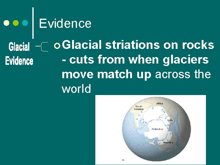 Evidence ¢ Glacial striations on rocks - cuts from when glaciers move match up