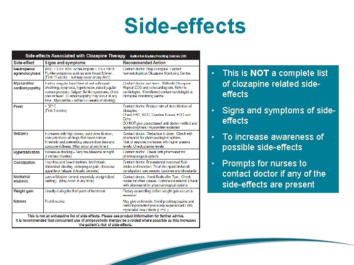 Side-effects • This is NOT a complete list of clozapine related sideeffects • Signs