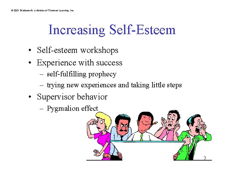 © 2001 Wadsworth, a division of Thomson Learning, Increasing Self-Esteem • Self-esteem workshops •