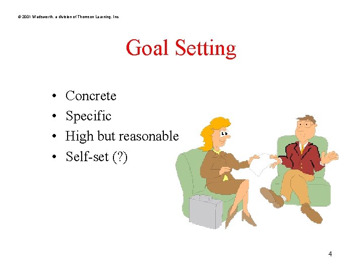 © 2001 Wadsworth, a division of Thomson Learning, Inc Goal Setting • • Concrete