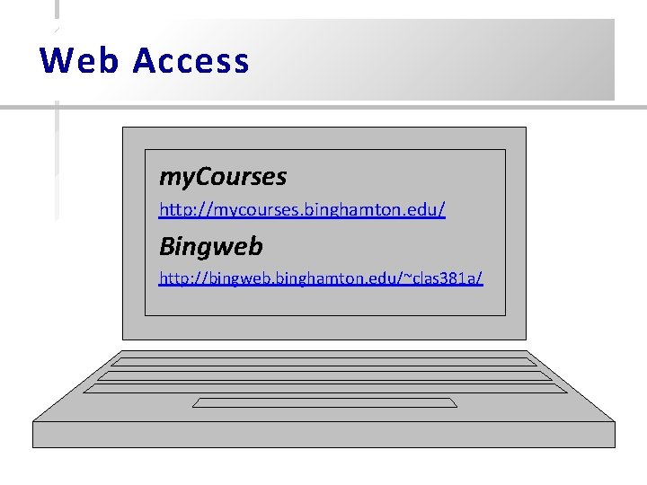 Web Access my. Courses http: //mycourses. binghamton. edu/ Bingweb http: //bingweb. binghamton. edu/~clas 381 Web Access my. Courses http: //mycourses. binghamton. edu/ Bingweb http: //bingweb. binghamton. edu/~clas 381