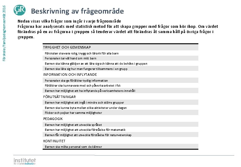 Förskole-/familjedaghemsenkät 2016 Beskrivning av frågeområde Nedan visas vilka frågor som ingår i varje frågeområde Förskole-/familjedaghemsenkät 2016 Beskrivning av frågeområde Nedan visas vilka frågor som ingår i varje frågeområde