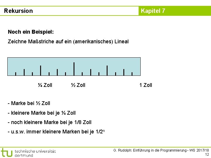 Rekursion Kapitel 7 Noch ein Beispiel: Zeichne Maßstriche auf ein (amerikanisches) Lineal ¼ Zoll