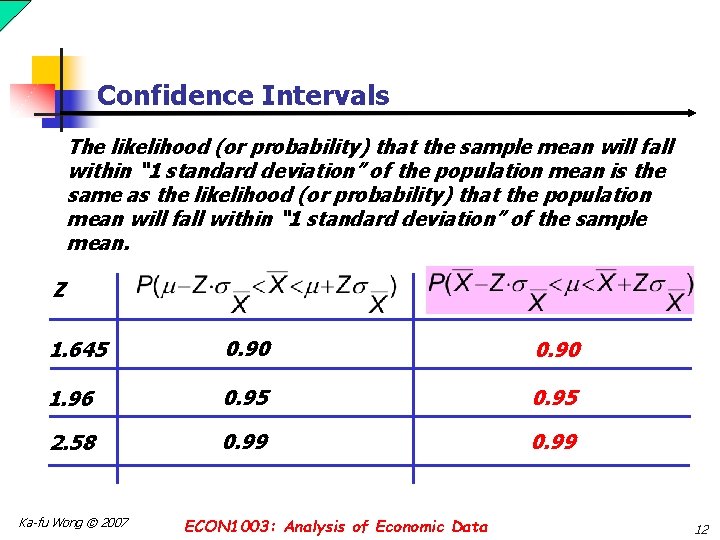 Confidence Intervals The likelihood (or probability) that the sample mean will fall within “