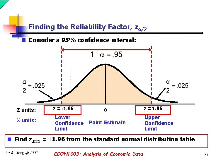 Finding the Reliability Factor, z /2 n Consider a 95% confidence interval: Z units: