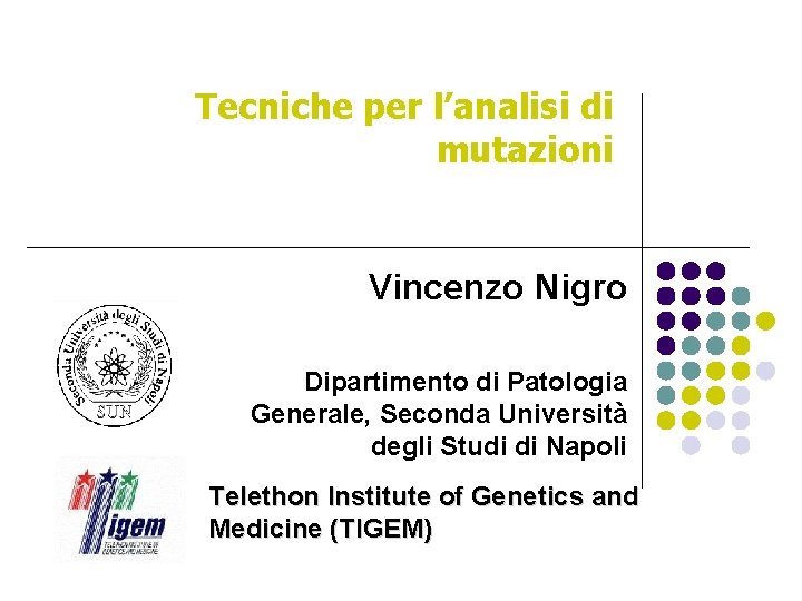 Tecniche per l’analisi di mutazioni Vincenzo Nigro Dipartimento di Patologia Generale, Seconda Università degli