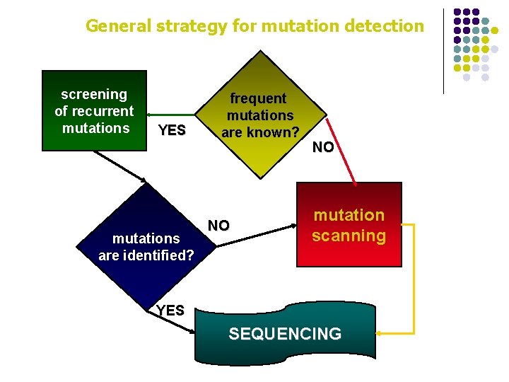 General strategy for mutation detection screening of recurrent mutations YES mutations are identified? frequent