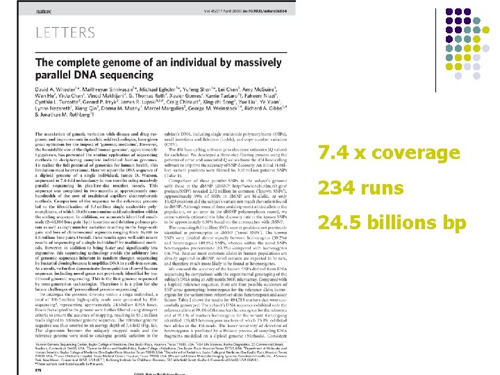 7. 4 x coverage 234 runs 24. 5 billions bp 