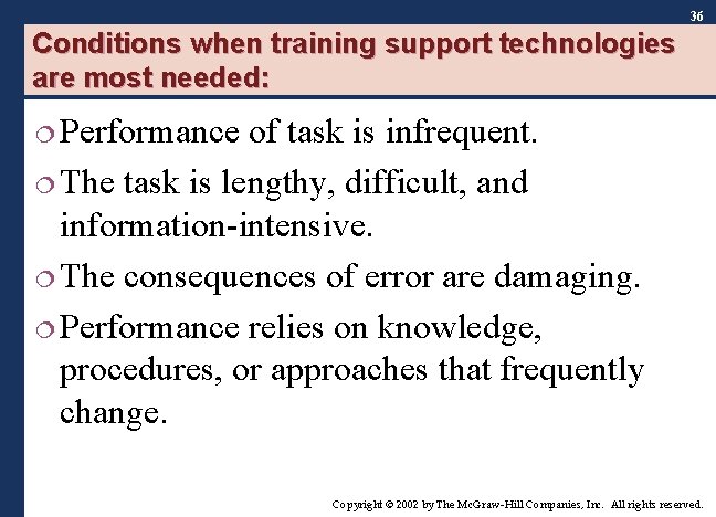 36 Conditions when training support technologies are most needed: ¦ Performance of task is 36 Conditions when training support technologies are most needed: ¦ Performance of task is