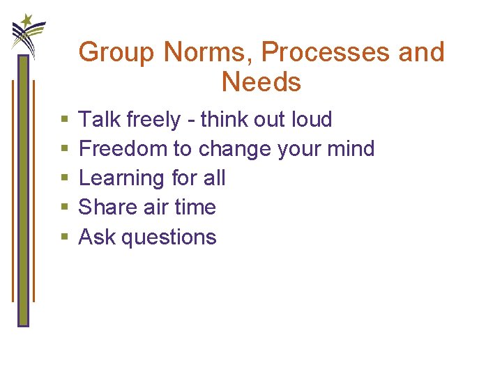 Group Norms, Processes and Needs § § § Talk freely - think out loud