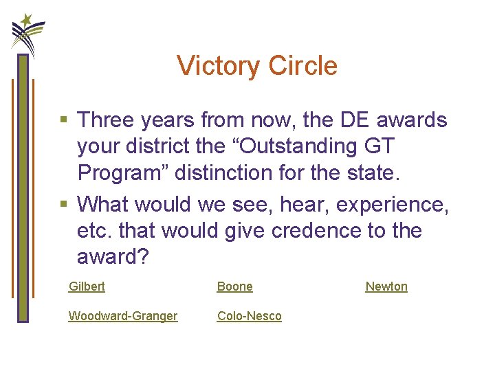 Victory Circle § Three years from now, the DE awards your district the “Outstanding