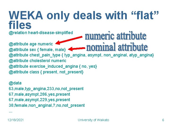 WEKA only deals with “flat” files @relation heart-disease-simplified @attribute age numeric @attribute sex {