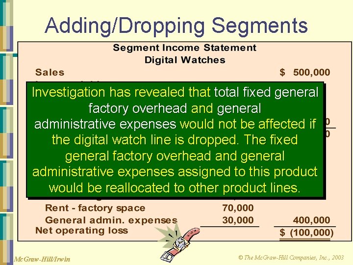 Adding/Dropping Segments Investigation has revealed that total fixed general factory overhead and general administrative