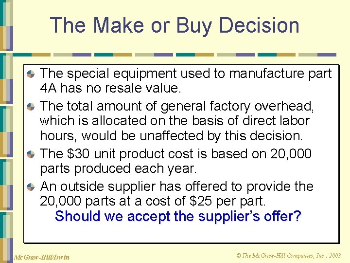 The Make or Buy Decision The special equipment used to manufacture part 4 A