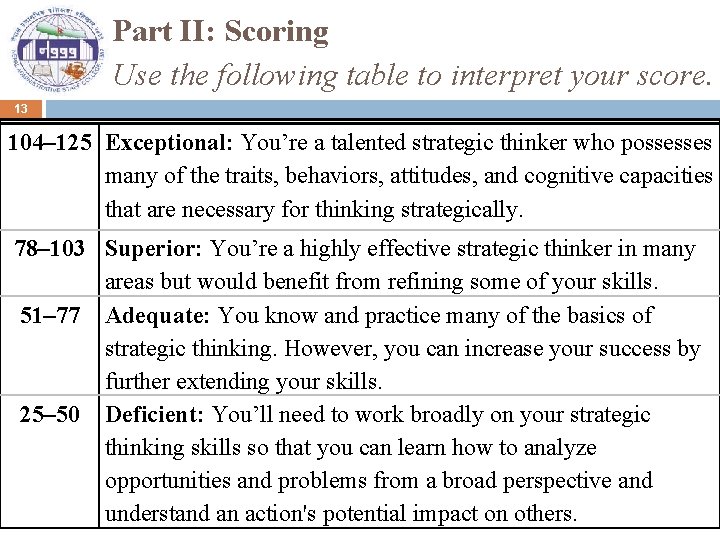 Part II: Scoring Use the following table to interpret your score. 13 104– 125