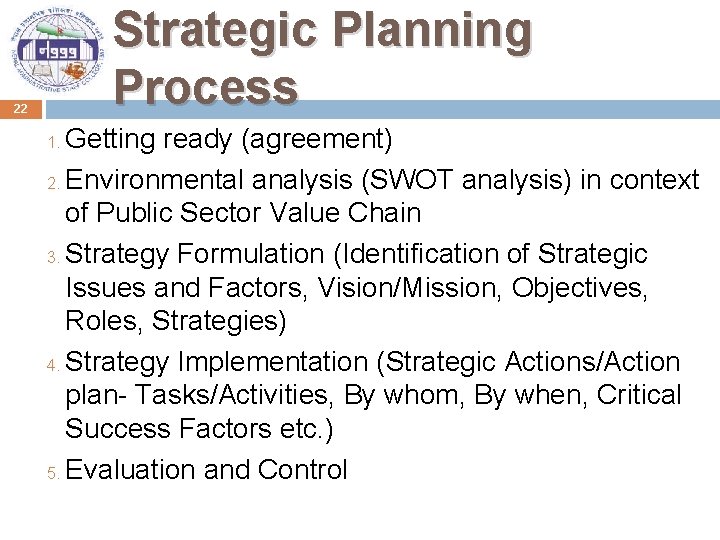 Strategic Planning Process 22 Getting ready (agreement) 2. Environmental analysis (SWOT analysis) in context