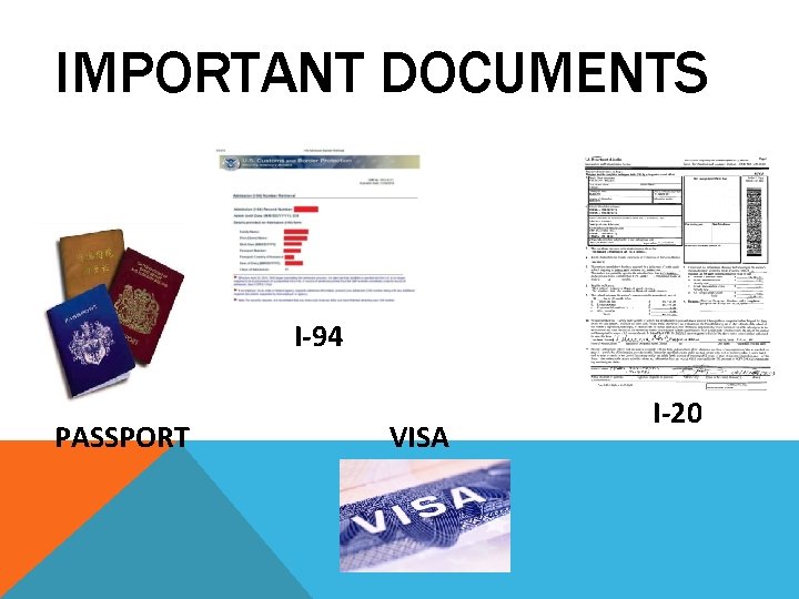 IMPORTANT DOCUMENTS I-94 PASSPORT VISA I-20 IMPORTANT DOCUMENTS I-94 PASSPORT VISA I-20