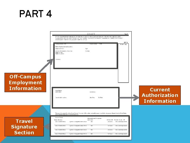 PART 4 Off-Campus Employment Information Travel Signature Section Current Authorization Information PART 4 Off-Campus Employment Information Travel Signature Section Current Authorization Information