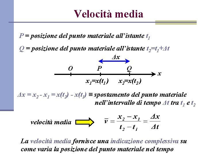 Velocità media P = posizione del punto materiale all’istante t 1 Q = posizione