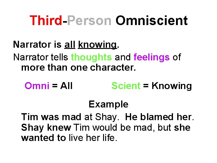 Third-Person Omniscient Narrator is all knowing. Narrator tells thoughts and feelings of more than