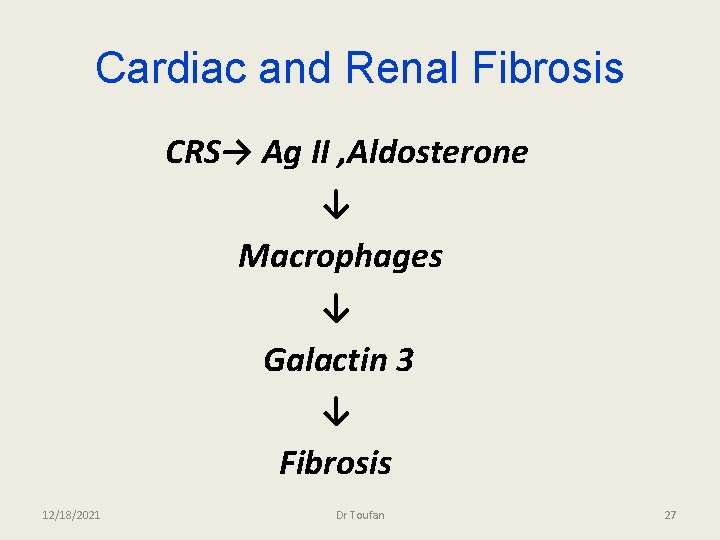 Cardiac and Renal Fibrosis CRS→ Ag II , Aldosterone ↓ Macrophages ↓ Galactin 3