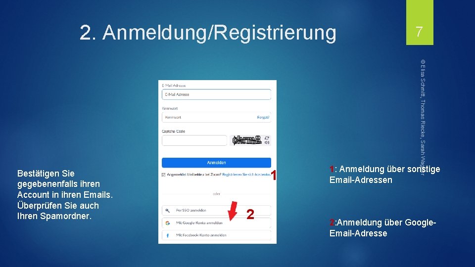 2. Anmeldung/Registrierung 1 2 © Elisa Schmitt, Thomas Riecke, Sarah Wagner Bestätigen Sie gegebenenfalls