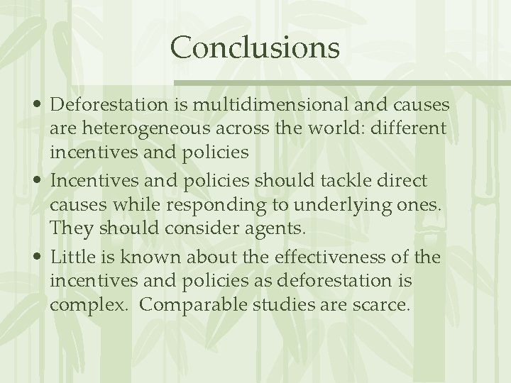 Conclusions • Deforestation is multidimensional and causes are heterogeneous across the world: different incentives