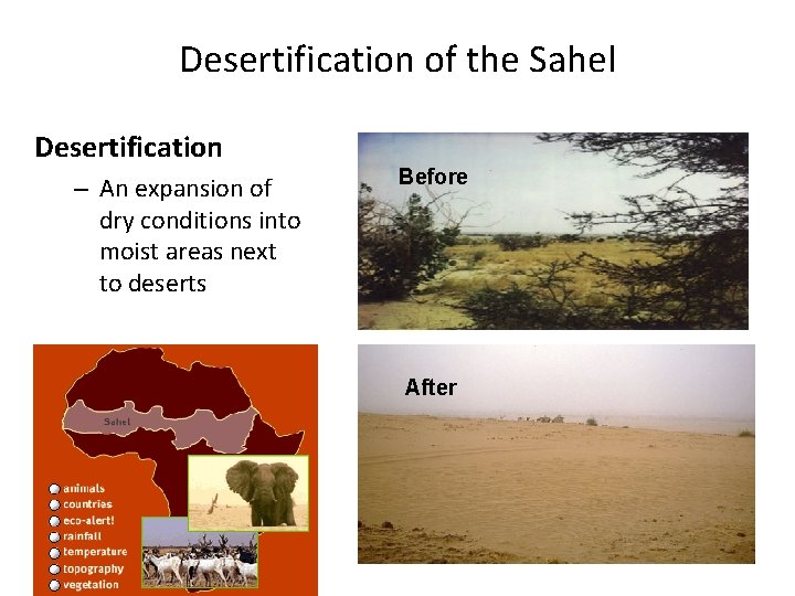 Desertification of the Sahel Desertification – An expansion of dry conditions into moist areas